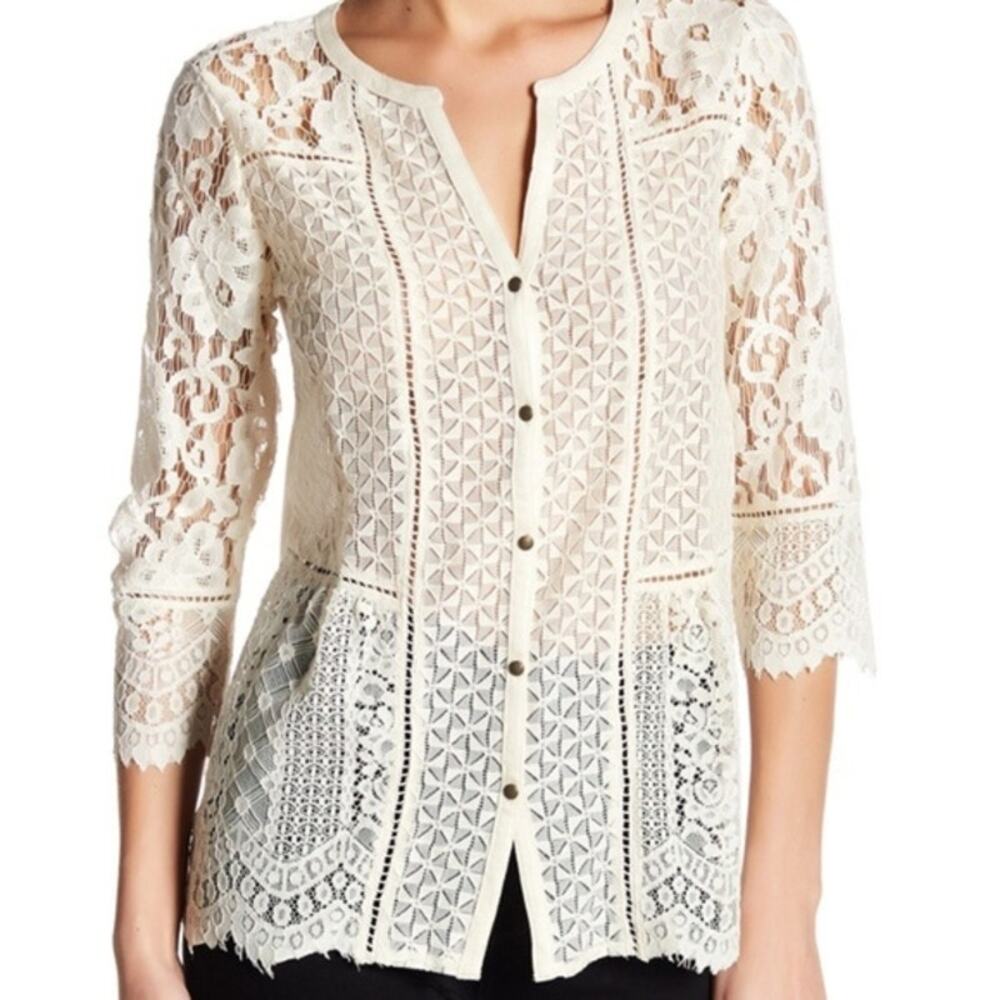Lucky Brand Womens Boho Lace Button Up Top Cream Size Small Romantic Coquette - Picture 3 of 11